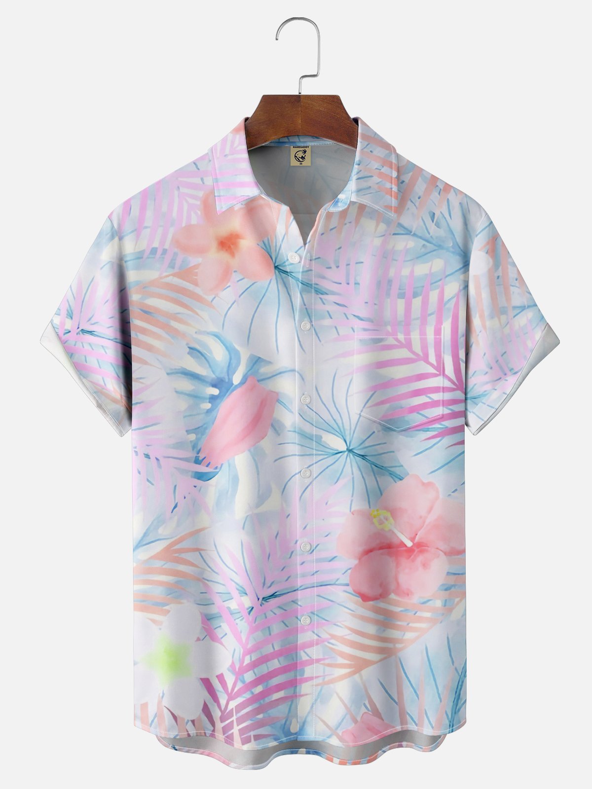 Moisture-wicking Palm Tree Hibiscus Flower Chest Pocket Hawaiian Shirt