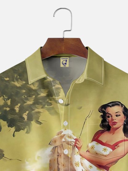 Big Size Moisture-wicking BBQ Beauty Chest Pocket Hawaiian Shirt