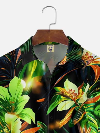Big Size Moisture-wicking Floral Palm Chest Pocket Hawaiian Shirt