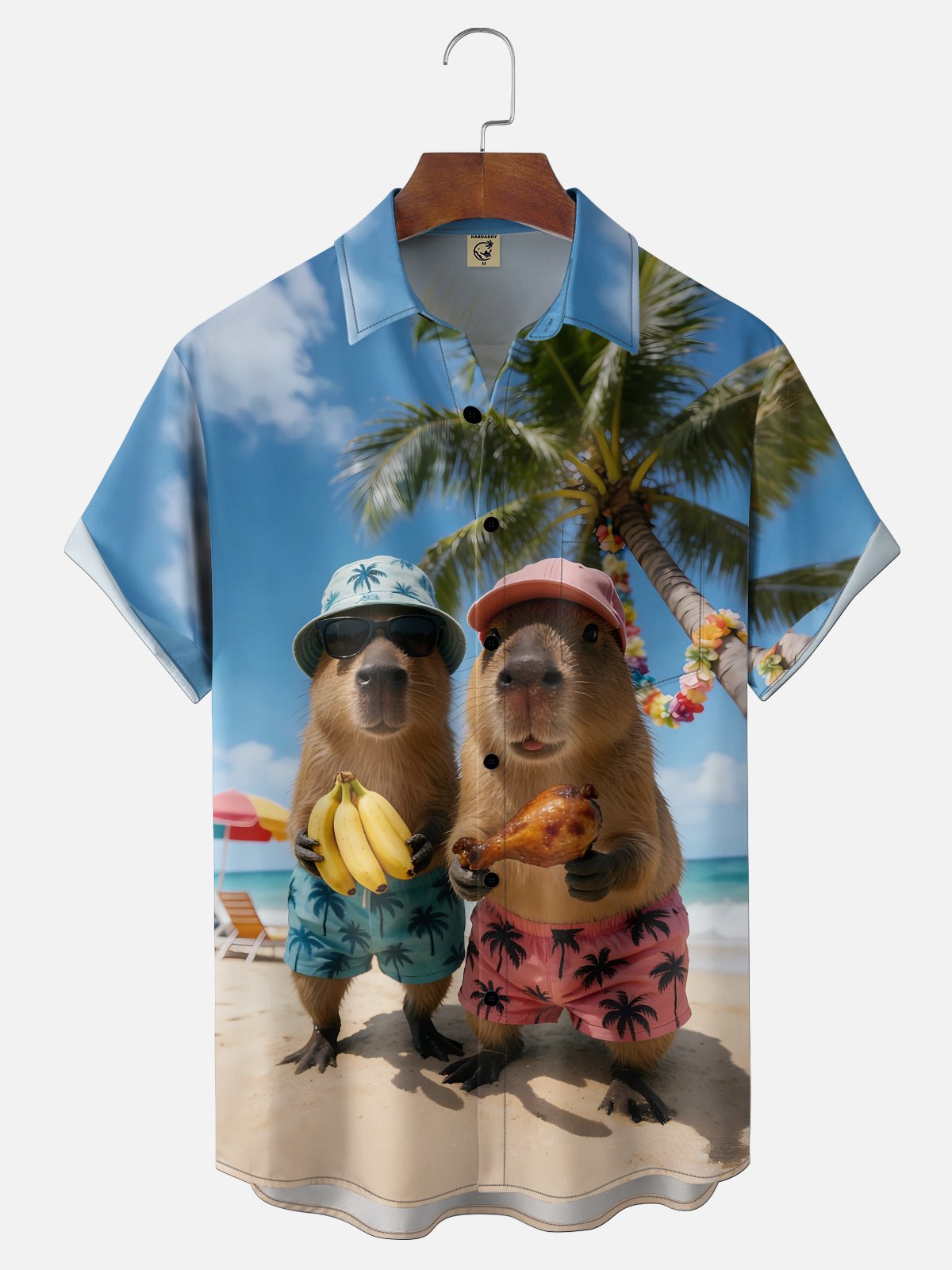 Moisture-wicking Capybara Banana Coconut Tree Beach Chest Pocket Hawaiian Shirt