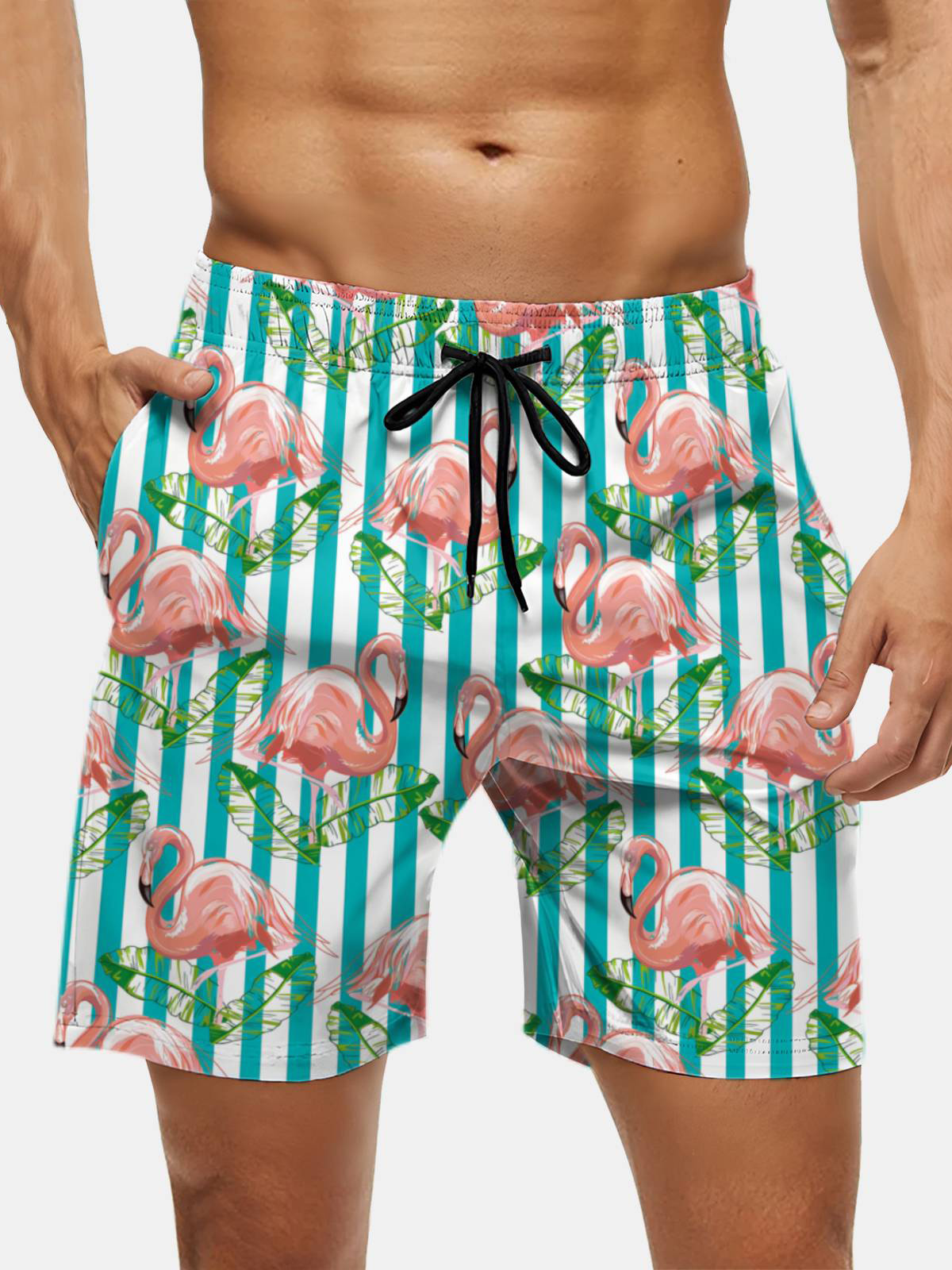 Men's Swim Trunks Hawaiian Tropical Flamingo Striped Beach Shorts with Pockets