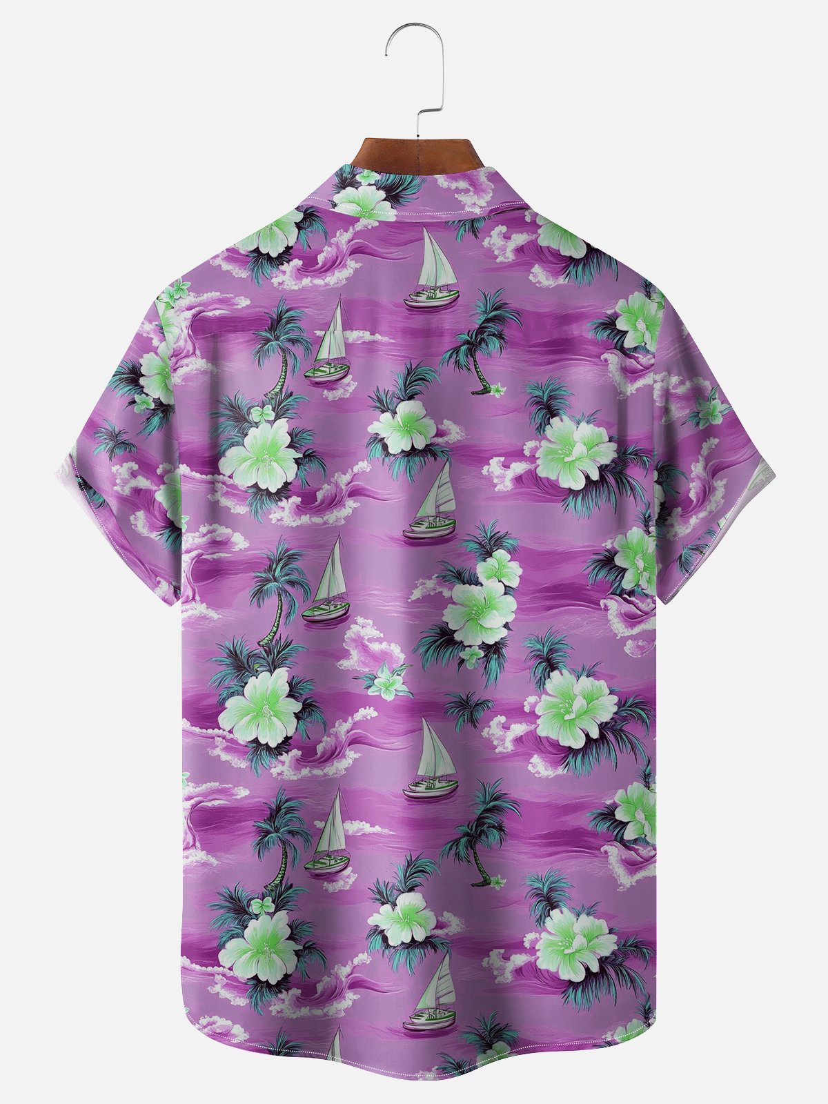 Moisture-wicking Palm Tree Hibiscus Flower Sailing Boat Chest Pocket Hawaiian Shirt