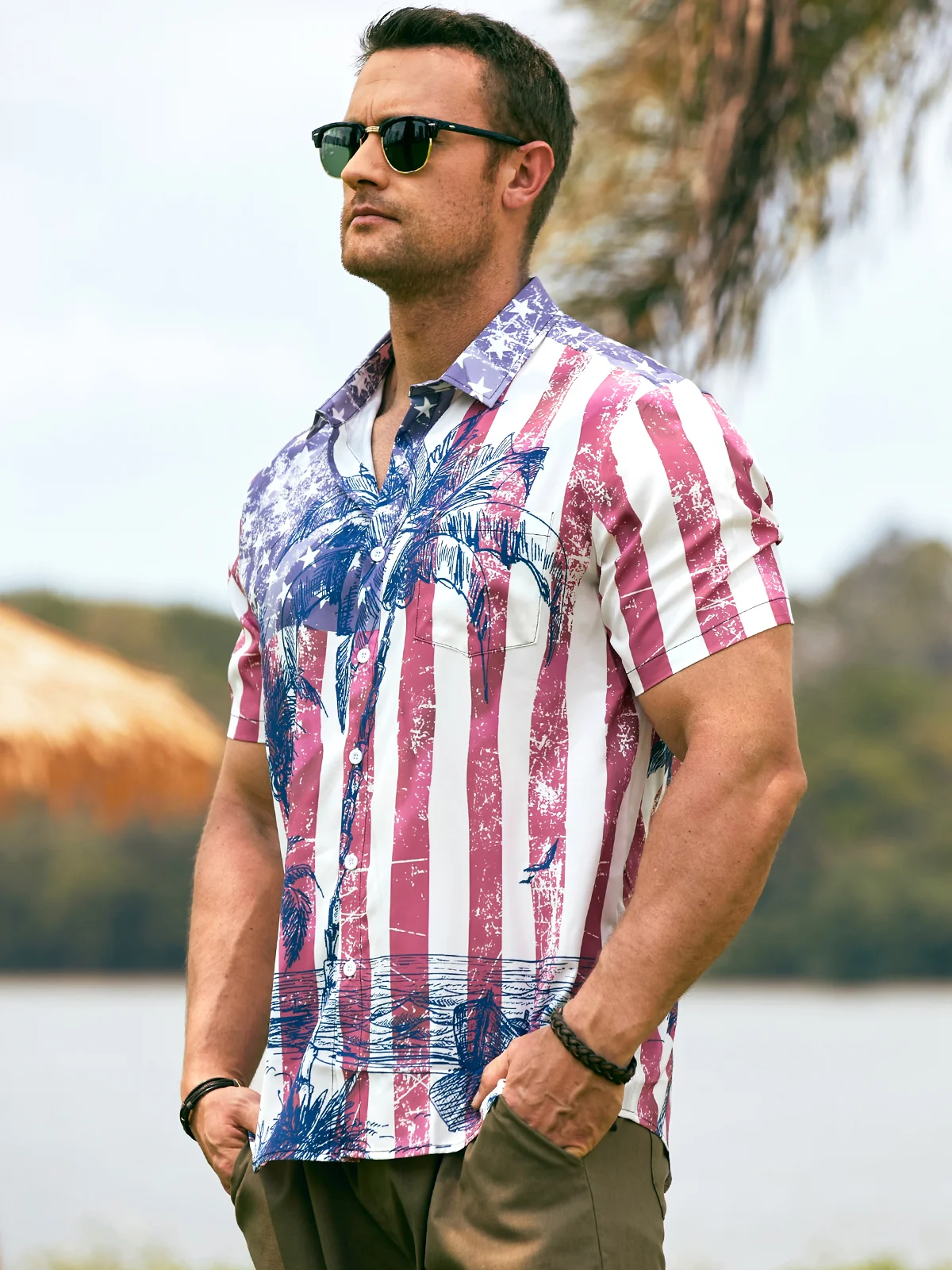 American Flag Coconut Tree Chest Pocket Short Sleeve Hawaiian Shirt