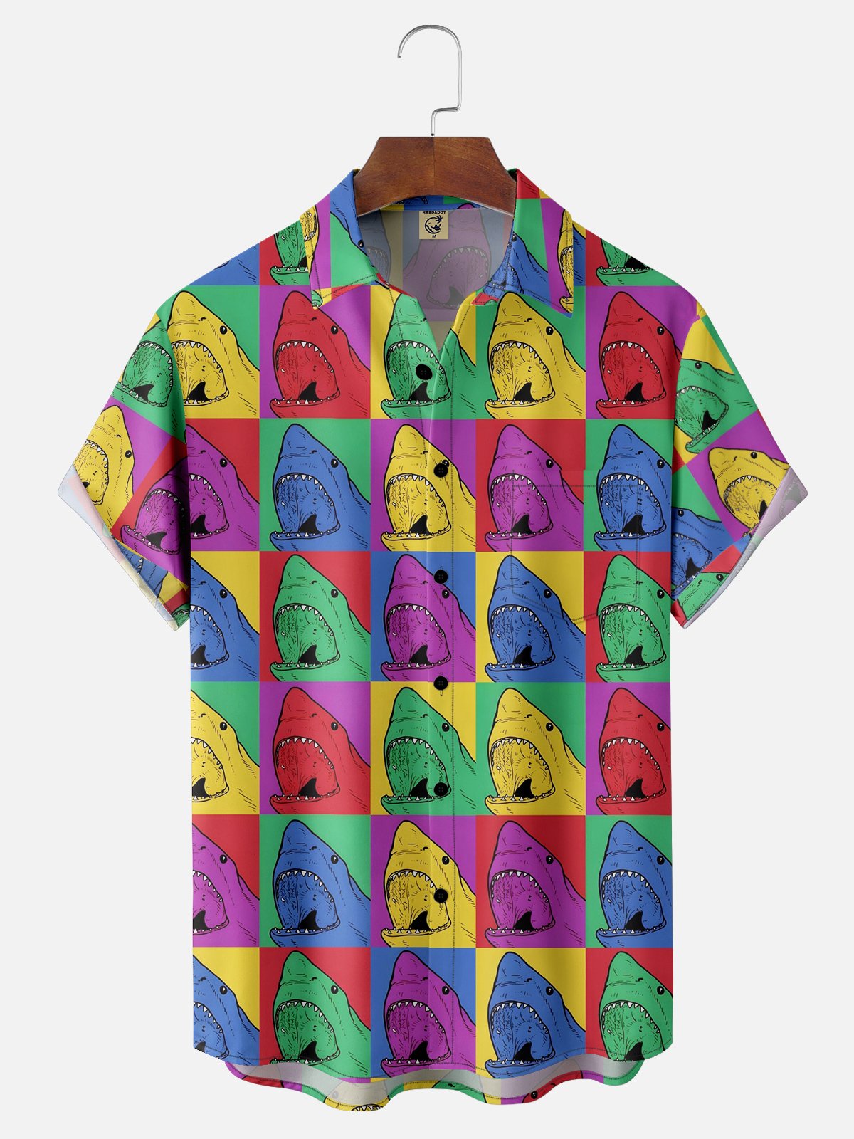 Moisture Wicking Ocean Animal Shark Chest Pocket Hawaiian Shirt