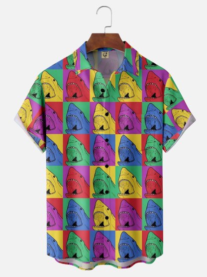 Moisture Wicking Ocean Animal Shark Chest Pocket Hawaiian Shirt