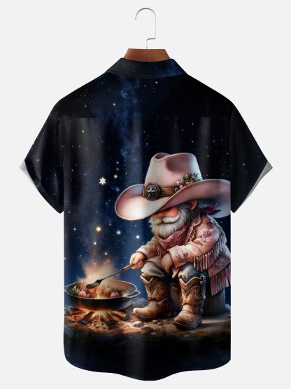 Moisture-Wicking Outdoor Gradient Color Western Cowboy Old Man Bonfire Chest Pocket Hawaiian Shirt