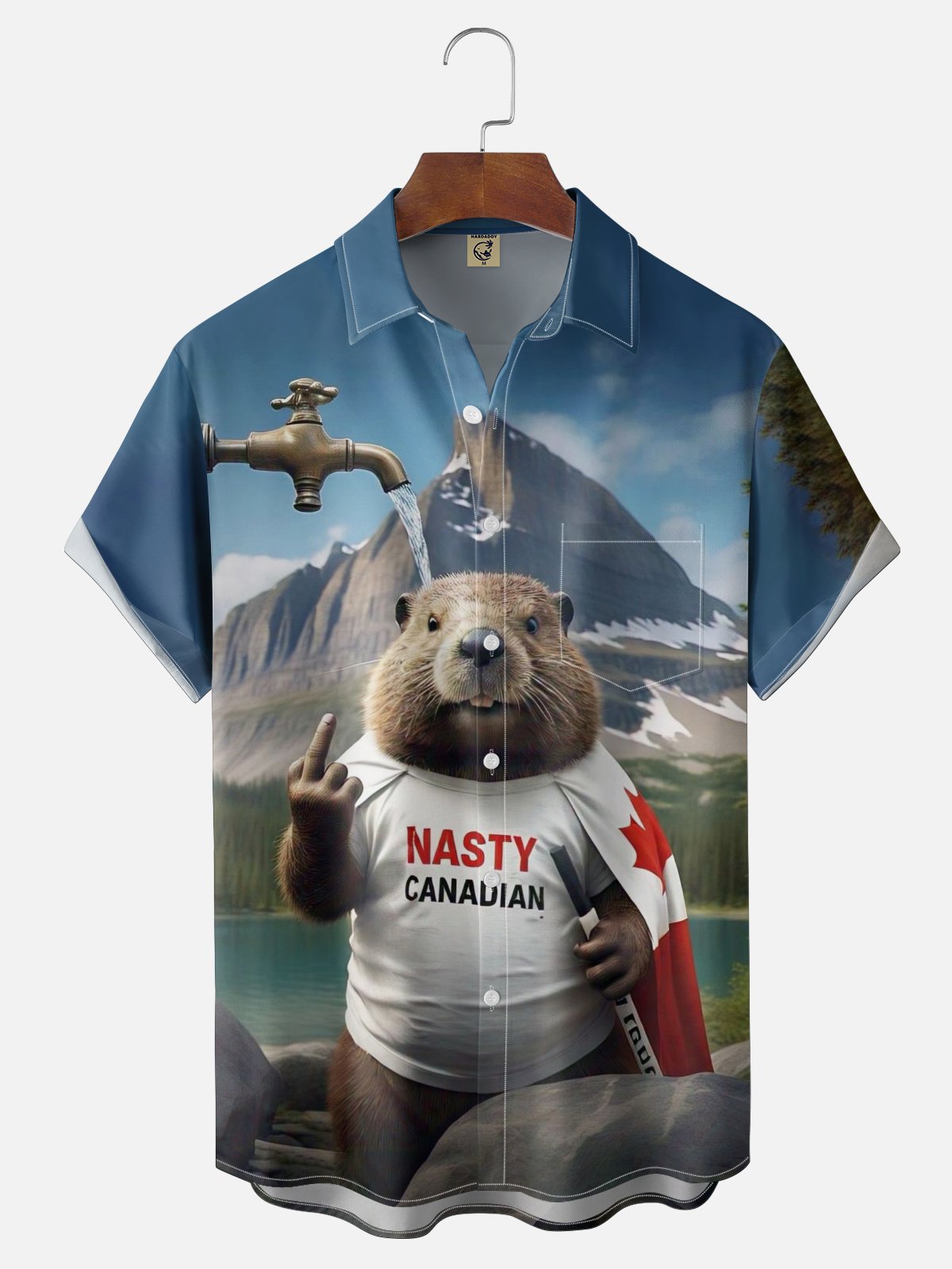 Moisture Wicking Canada Day Fun Beaver Chest Pocket Hawaiian Shirt