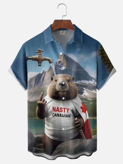 Moisture Wicking Canada Day Fun Beaver Chest Pocket Hawaiian Shirt