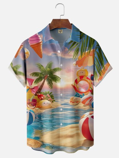 Moisture-wicking Fun Beach Scenery Art Youth Chest Pocket Hawaiian Shirt