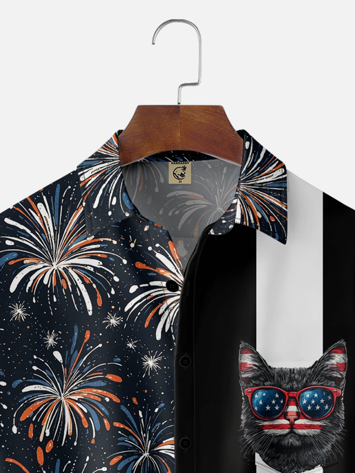 Moisture-wicking American Independence Day Memorial Day Cat Chest Pocket Bowling Shirt