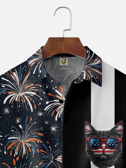 Moisture-wicking American Independence Day Memorial Day Cat Chest Pocket Bowling Shirt