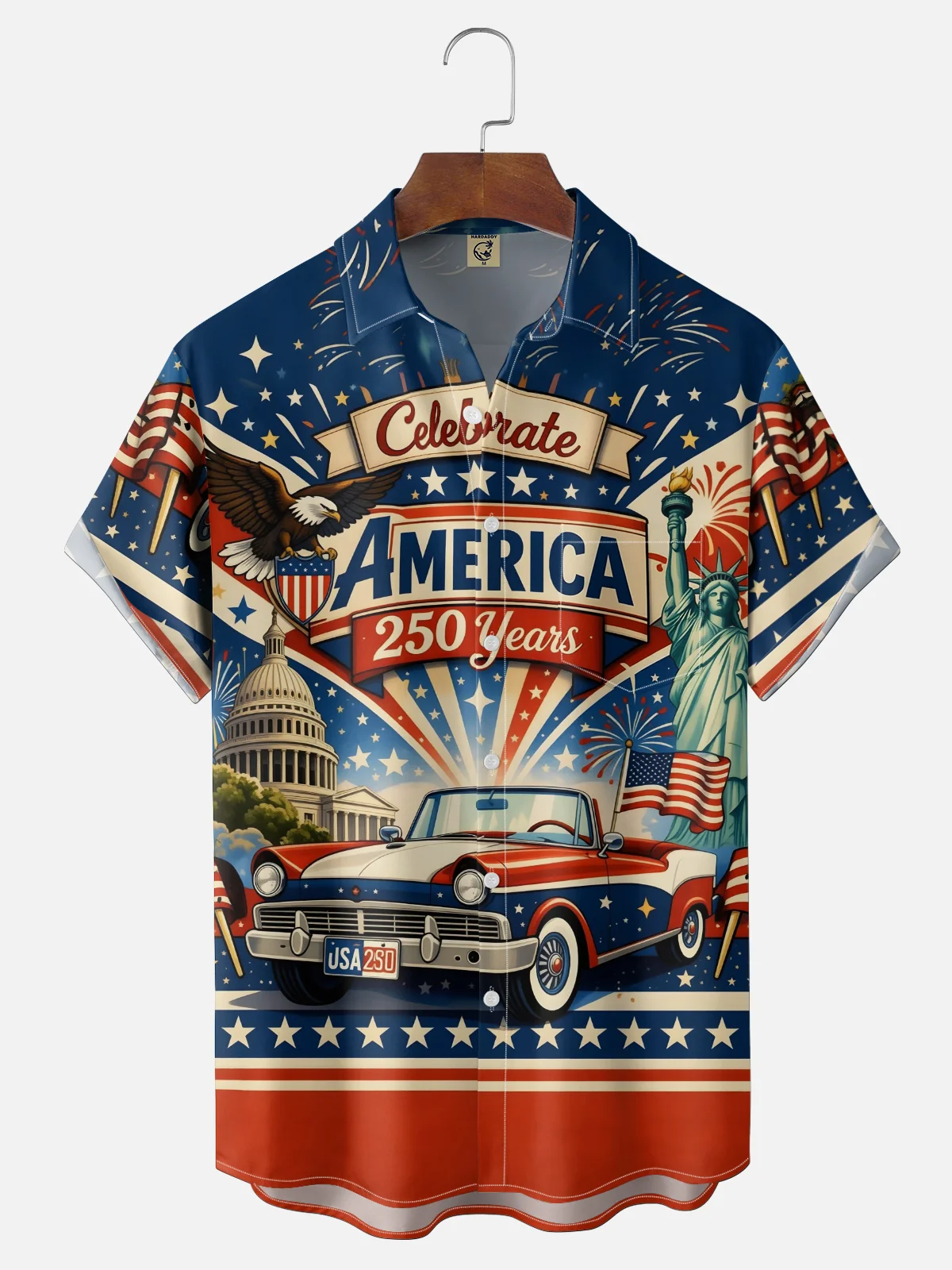 Moisture-Wicking 250th Anniversary of U.S. Independence Commemorative Edition Vintage Car Chest Pocket Holiday Hawaiian Shirt