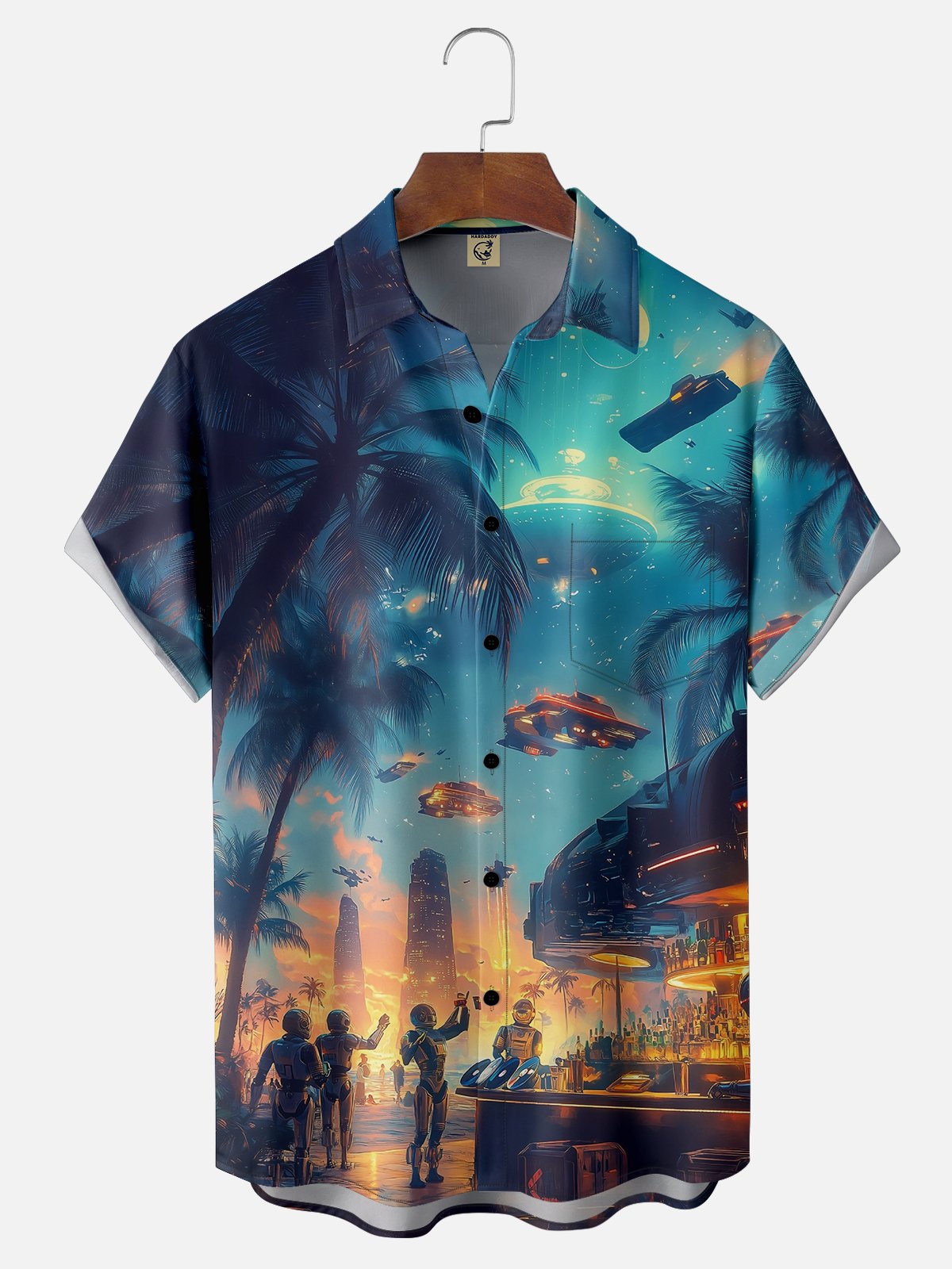 Moisture Wicking Coconut Tree Hawaii Alien Vacation Chest Pocket Hawaiian Shirt