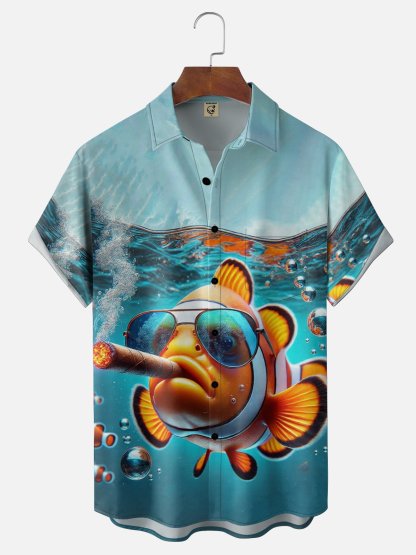 Moisture-Wicking  Fun Clownfish Chest Pocket Holiday Hawaiian Shirt