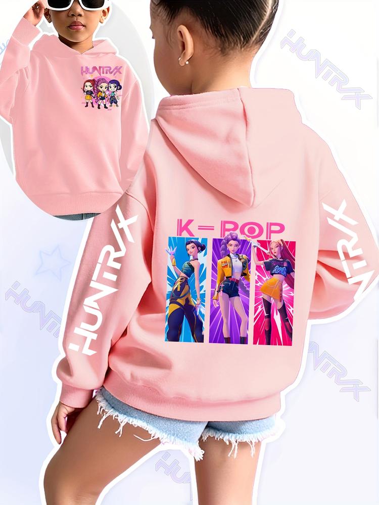 Girls Kpop Demon Hunters Hoodie, Cartoon Pattern, Fitted Casual Sportswear, Autumn Winter Elastic Fabric, Christmas Gift, Daily Wear