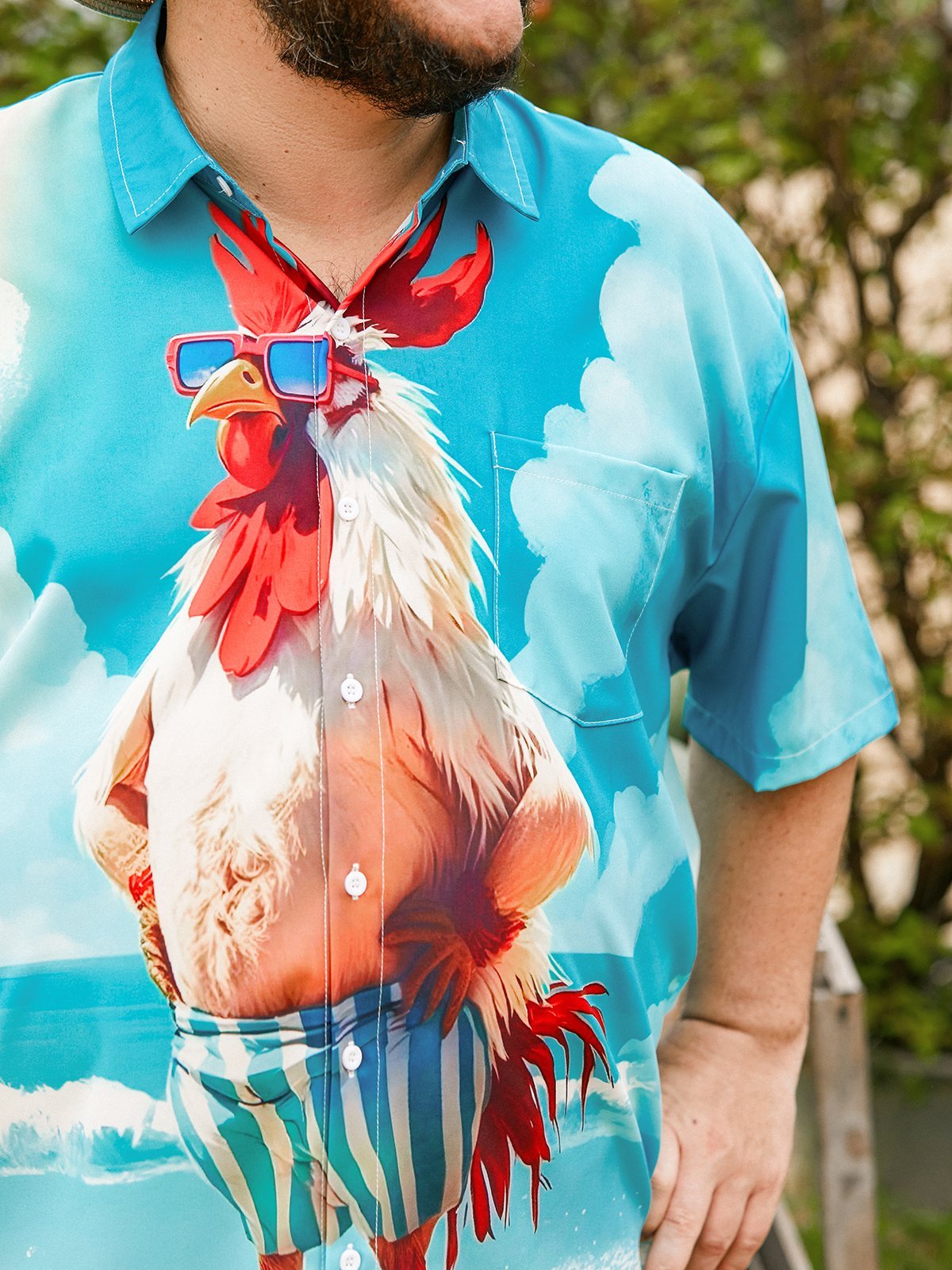 Moisture-wicking Beach Fun Chicken Chest Pocket Hawaiian Shirt