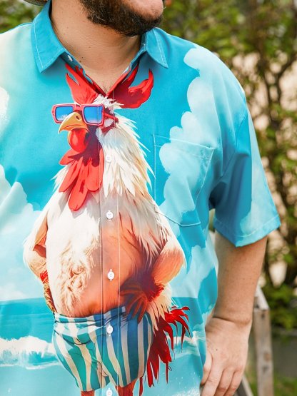 Moisture-wicking Beach Fun Chicken Chest Pocket Hawaiian Shirt
