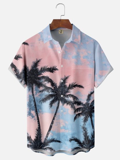 Moisture-wicking Palm Tree Chest Pocket Hawaiian Shirt