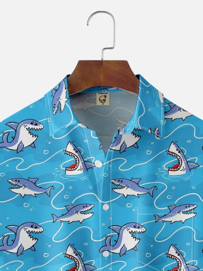 Moisture-wicking Shark Ocean Cartoon Chest Pocket Hawaiian Shirt
