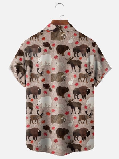 Moisture-wicking Canada Day Animal Maple Leaf Chest Pocket Hawaiian Shirt