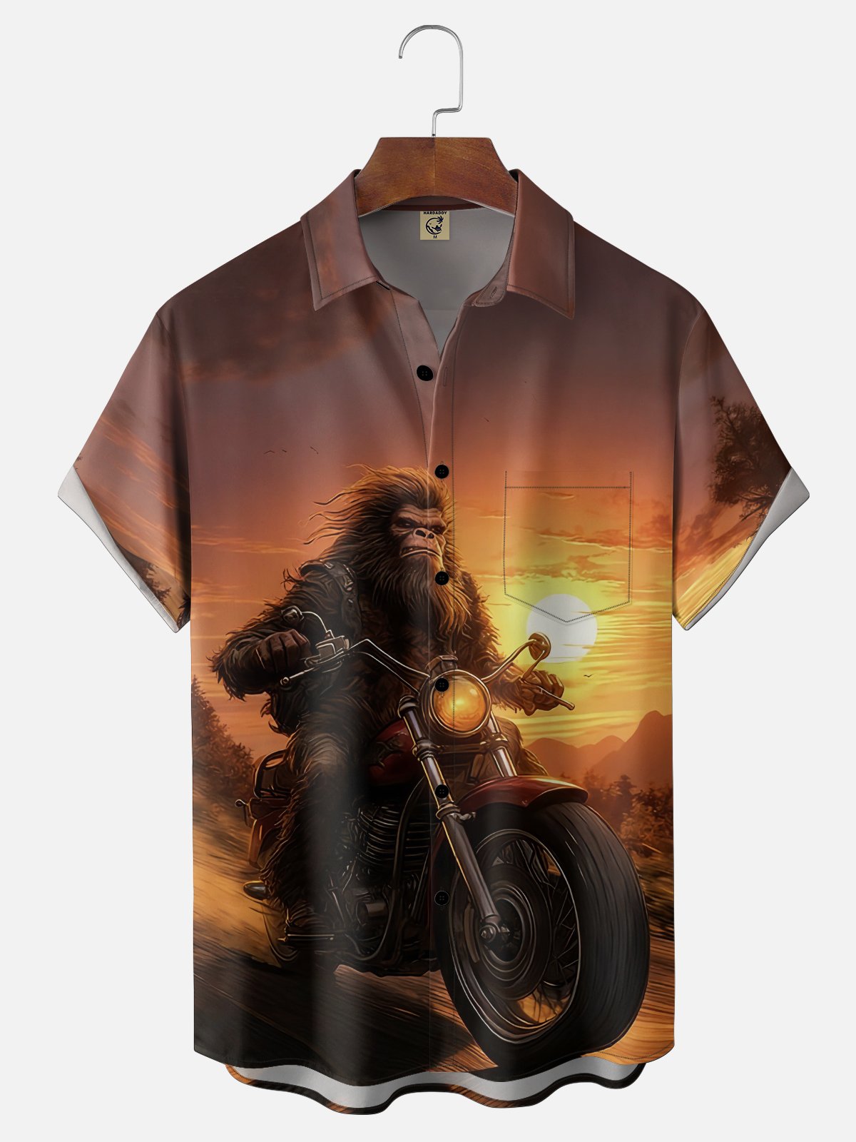 Moisture-Wicking Fun Motorcycle & Bigfoot Chest Pocket Holiday Hawaiian Shirt