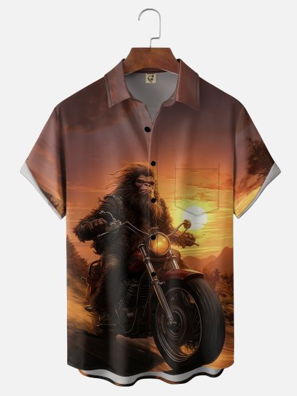 Moisture-Wicking Fun Motorcycle & Bigfoot Chest Pocket Holiday Hawaiian Shirt