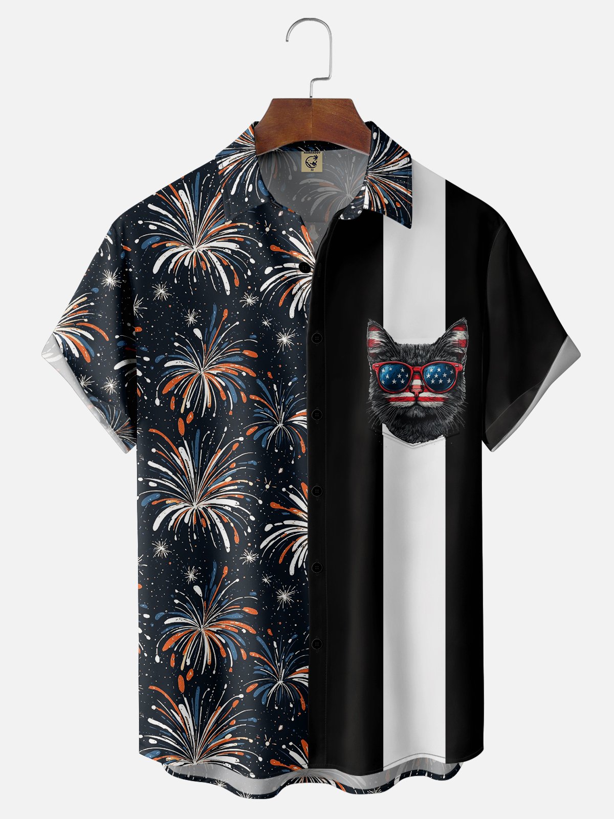 Moisture-wicking American Independence Day Memorial Day Cat Chest Pocket Bowling Shirt
