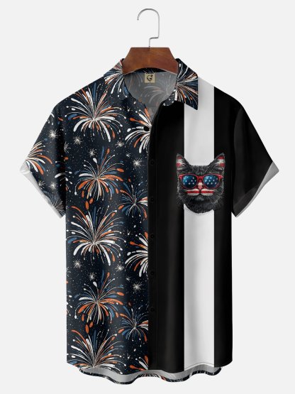 Moisture-wicking American Independence Day Memorial Day Cat Chest Pocket Bowling Shirt