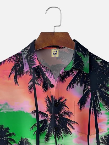 Big Size Moisture-wicking Beach Sunset Coconut Tree Chest Pocket Hawaiian Shirt