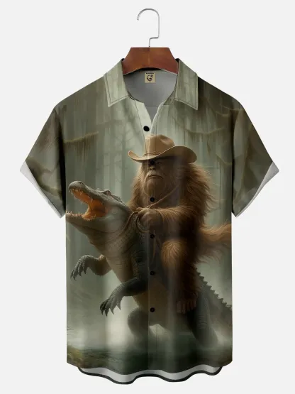 Moisture-wicking Funny Bigfoot Cowboy vs. Alligator Chest Pocket Hawaiian Shirt