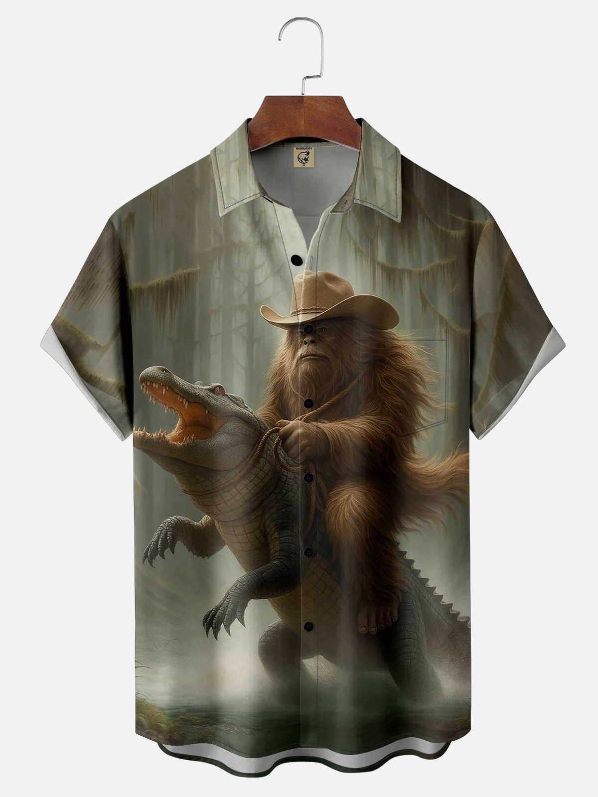 Moisture-wicking Funny Bigfoot Cowboy vs. Alligator Chest Pocket Hawaiian Shirt