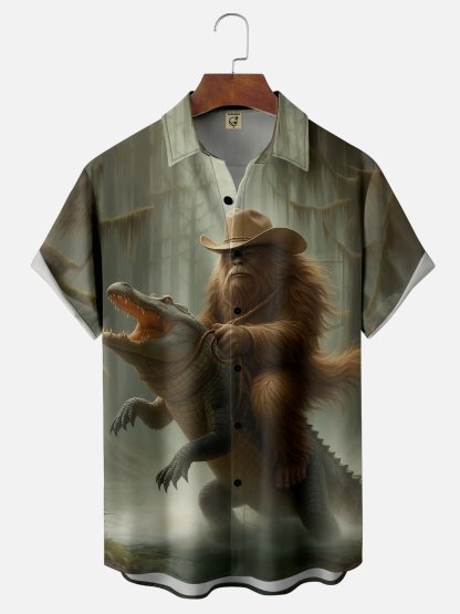 Moisture-wicking Funny Bigfoot Cowboy vs. Alligator Chest Pocket Hawaiian Shirt