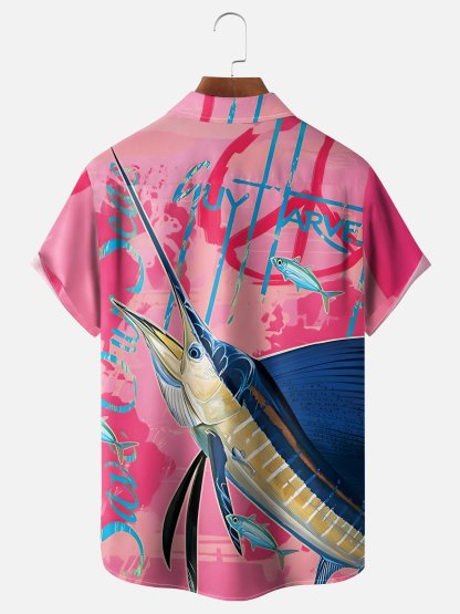 Moisture-wicking Swordfish Ocean Chest Pocket Hawaiian Shirt