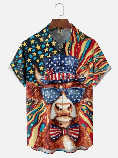 Moisture-wicking American Flag Western Cow Chest Pocket Casual Shirt