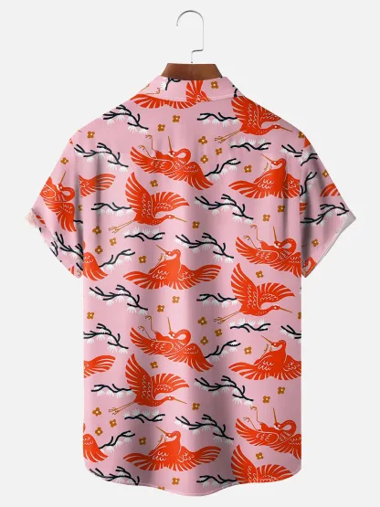 Moisture Wicking Ukiyo-e Crane Chest Pocket Hawaiian Shirt