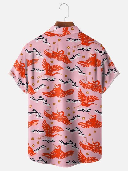 Moisture Wicking Ukiyo-e Crane Chest Pocket Hawaiian Shirt
