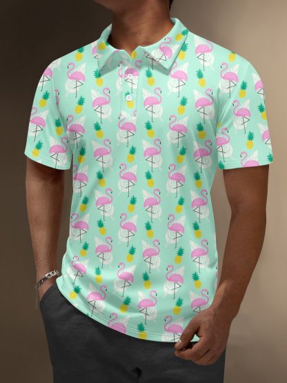 Moisture Wicking Hawaiian Flamingo Pineapple Golf Polo