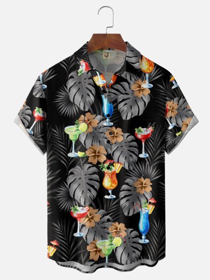 Moisture Wicking Tropical Botanical Cocktail Chest Pocket Holiday Hawaiian Shirt