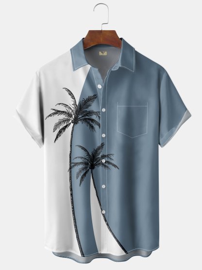 Men's Coconut Tree Colorblock Print Casual Breathable Men's Hawaiian Short Sleeve Vintage Shirt with Pockets
