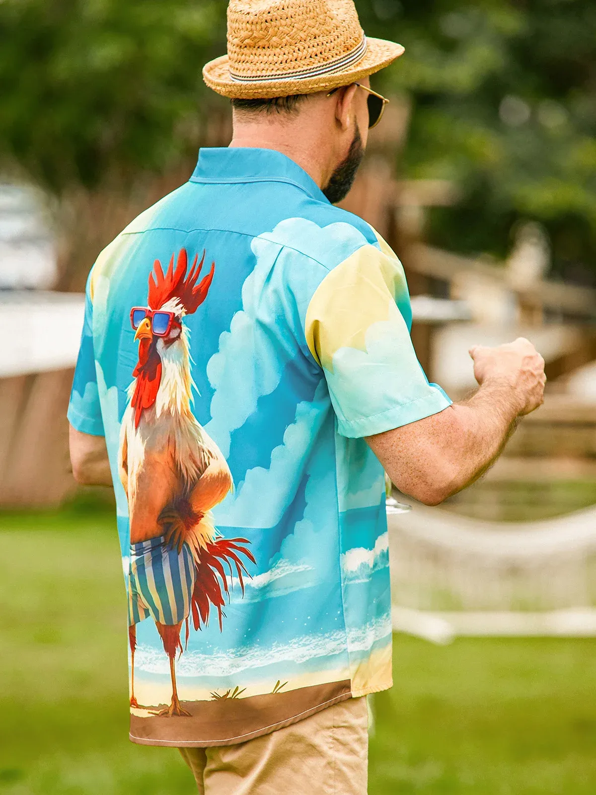 Moisture-wicking Beach Fun Chicken Chest Pocket Hawaiian Shirt