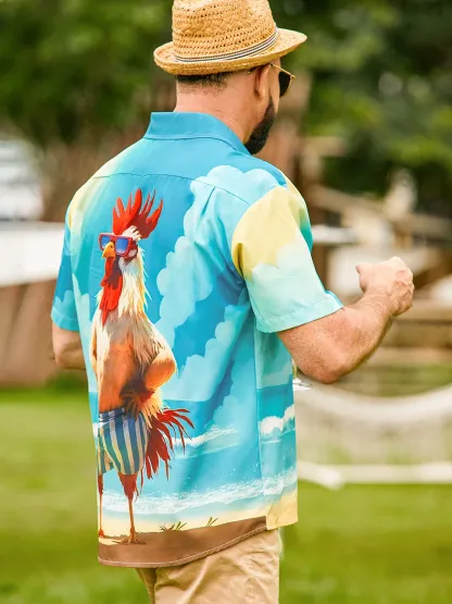 Moisture-wicking Beach Fun Chicken Chest Pocket Hawaiian Shirt
