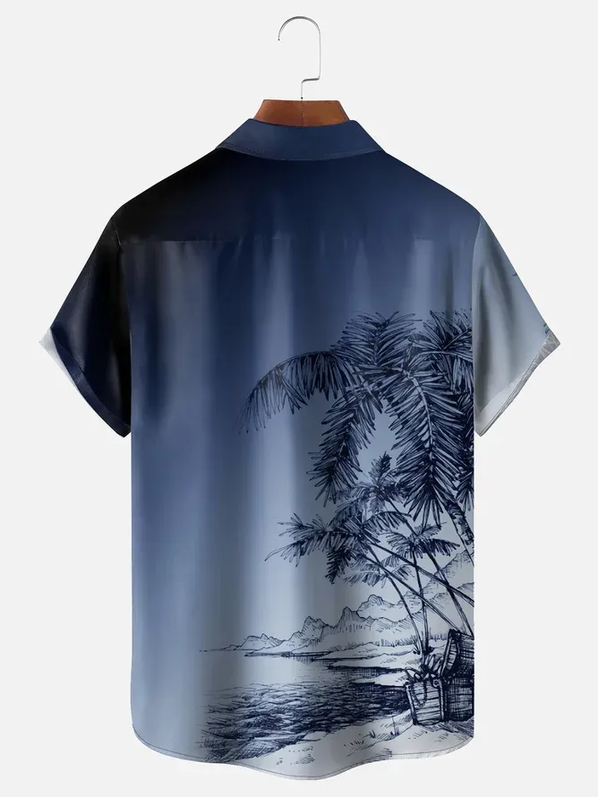 Tall Size Moisture-wicking Gradient Palm Tree Chest Pocket Hawaiian Shirt