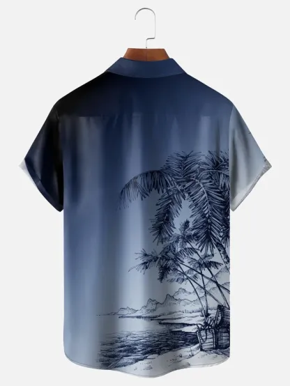 Tall Size Moisture-wicking Gradient Palm Tree Chest Pocket Hawaiian Shirt