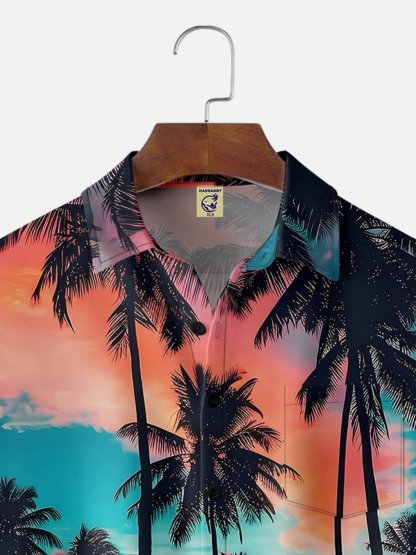 Big Size Moisture-wicking Beach Sunset Coconut Tree Chest Pocket Hawaiian Shirt