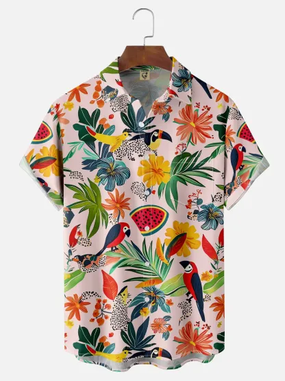 Moisture-wicking Tropical Palm Tree Parrot Floral Chest Pocket Hawaiian Shirt