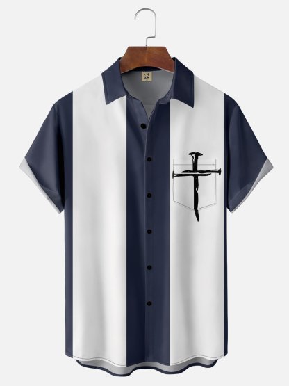 Mens Crucifix Print Casual Breathable Short Sleeve Hawaiian Shirt