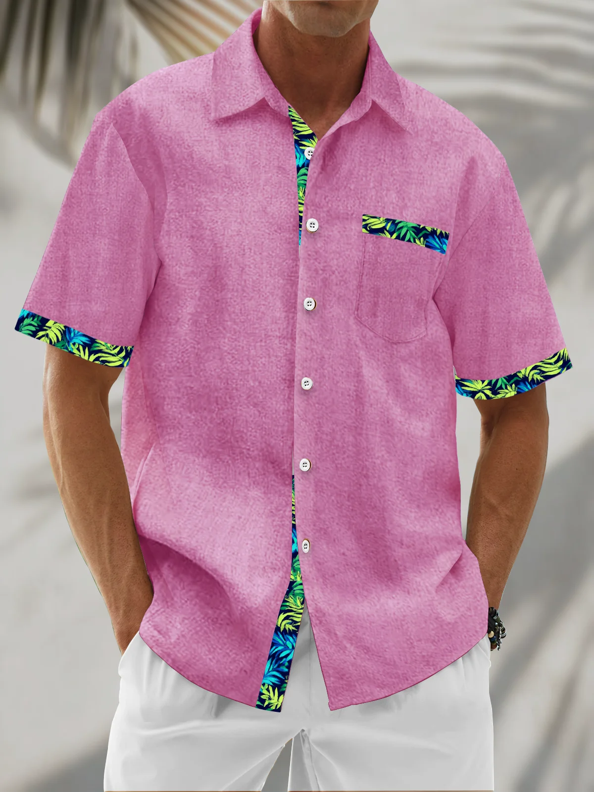 Linen Texture Plant Based Solid Color Patchwork Chest Pocket Holiday Hawaiian Shirt