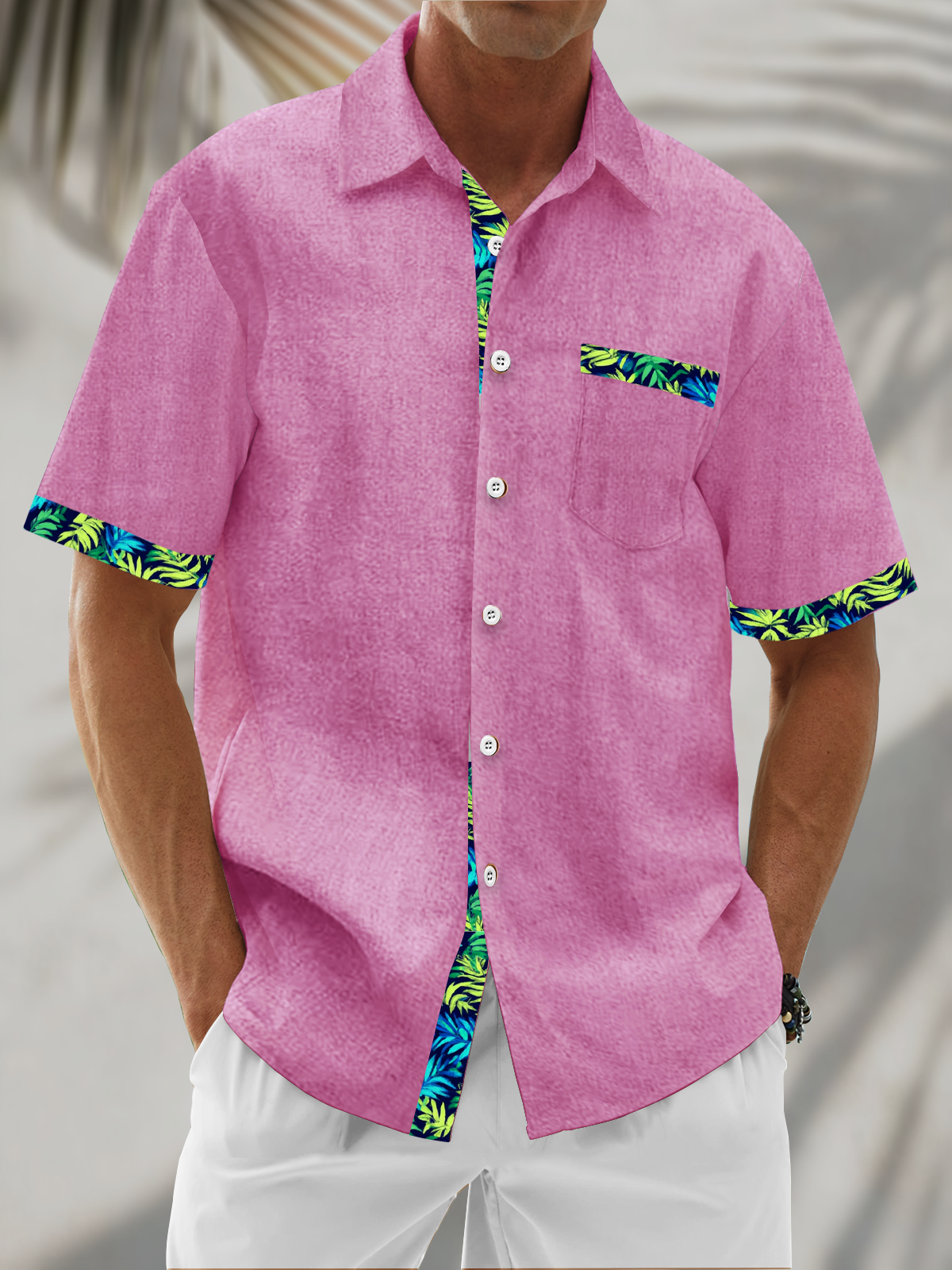 Linen Texture Plant Based Solid Color Patchwork Chest Pocket Holiday Hawaiian Shirt