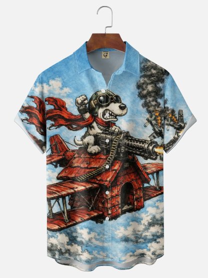 Tall Size Moisture-Wicking Abstract Airplane Dog Pattern and Chest Pocket Holiday Hawaiian Shirt