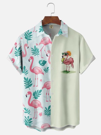 Moisture-wicking Tropical Flamingo Chest Pocket Hawaiian Shirt